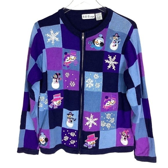 Vintage Christmas Ugly Christmas Embroidered Embellished Zip Up Cardigan Sweater - Picture 1 of 10